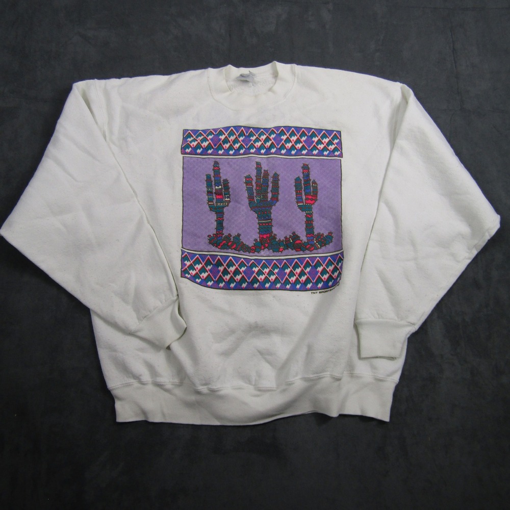 TNT Sportswear Sweatshirt Mens XL White Vintage 90s Southwest Cactus Graphic